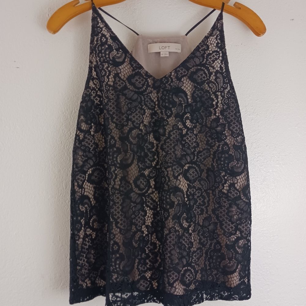 Loft Black Lace Floral Spaghetti Strap Top Blouse Size Petite XXSP